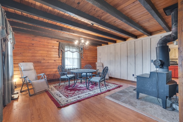 living room with a notable chandelier, hardwood / wood-style flooring, wooden ceiling, beamed ceiling, and a wood stove