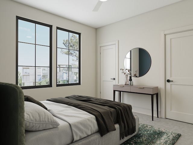 carpeted bedroom with ceiling fan