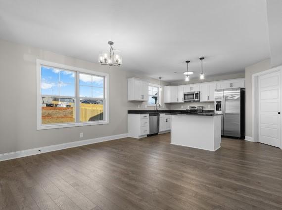 kitchen with dark hardwood / wood-style floors, appliances with stainless steel finishes, white cabinets, and hanging light fixtures