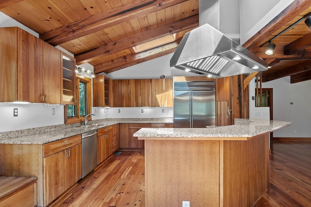 kitchen with wooden ceiling, lofted ceiling with skylight, stainless steel appliances, light hardwood / wood-style flooring, and island range hood