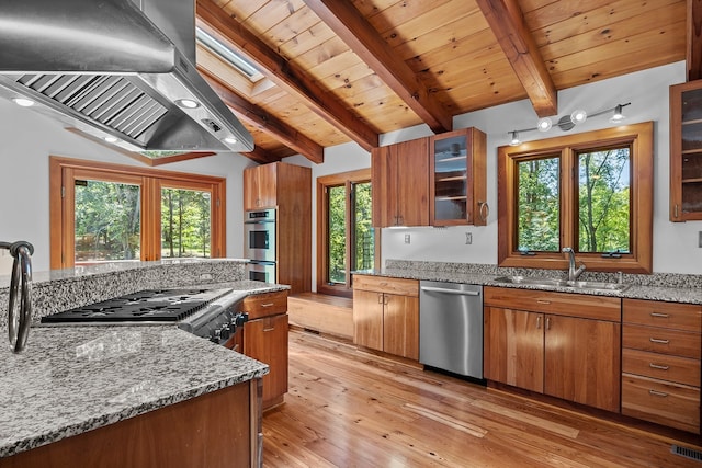 kitchen featuring lofted ceiling with skylight, wall chimney range hood, sink, and stainless steel appliances