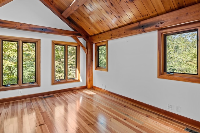 spare room with wooden ceiling, vaulted ceiling with beams, and light wood-type flooring