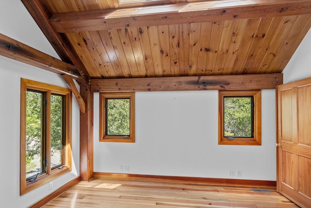 unfurnished room featuring vaulted ceiling with beams, light hardwood / wood-style floors, and a wealth of natural light