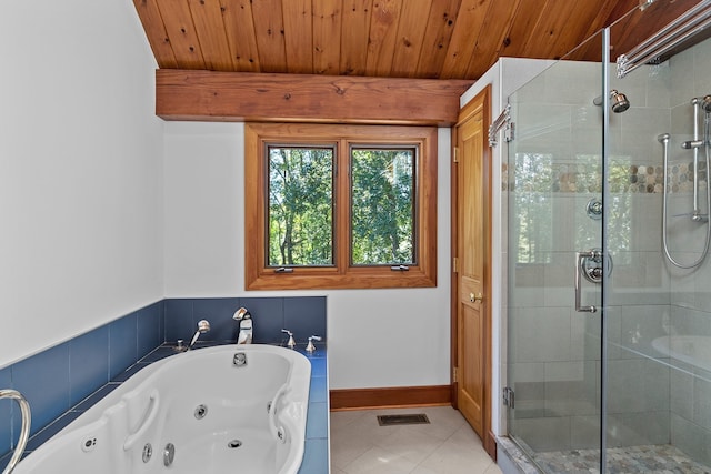 bathroom featuring walk in shower, wooden ceiling, and tile flooring