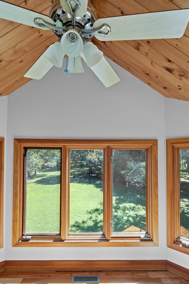 interior details with ceiling fan and wood ceiling