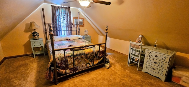 bedroom featuring carpet floors, ceiling fan, and vaulted ceiling