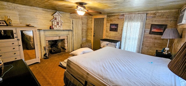 bedroom featuring wood ceiling, ceiling fan, and wood walls