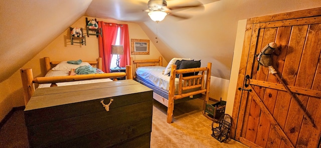 bedroom featuring ceiling fan, light colored carpet, and vaulted ceiling