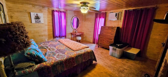 bedroom featuring wood ceiling, wooden walls, and ceiling fan