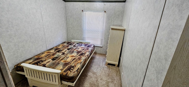 bedroom with dark colored carpet