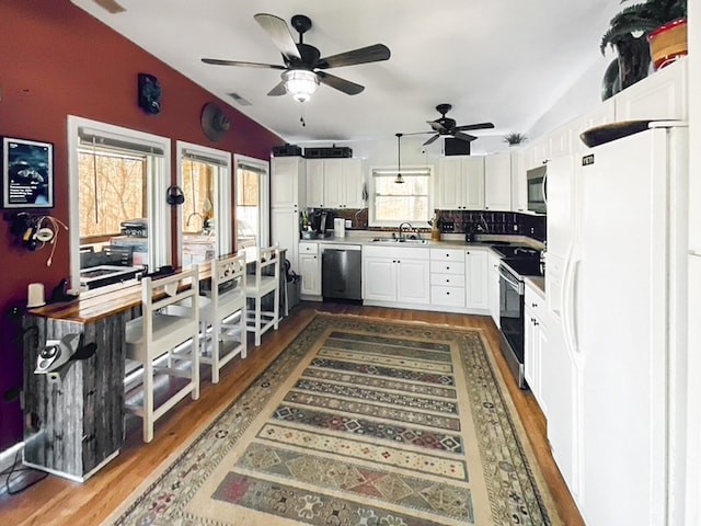 kitchen with lofted ceiling, dark hardwood / wood-style floors, ceiling fan, sink, and stainless steel appliances