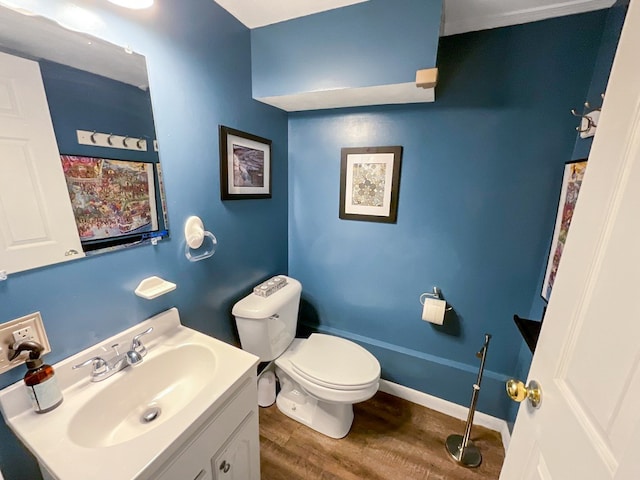 bathroom featuring toilet, wood-type flooring, and vanity with extensive cabinet space