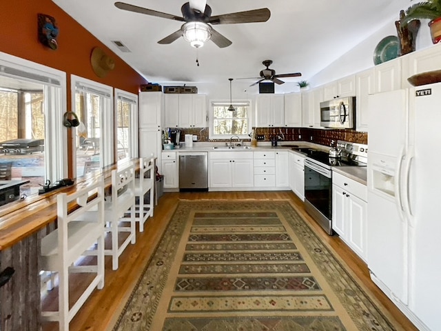 kitchen with ceiling fan, lofted ceiling, stainless steel appliances, and plenty of natural light