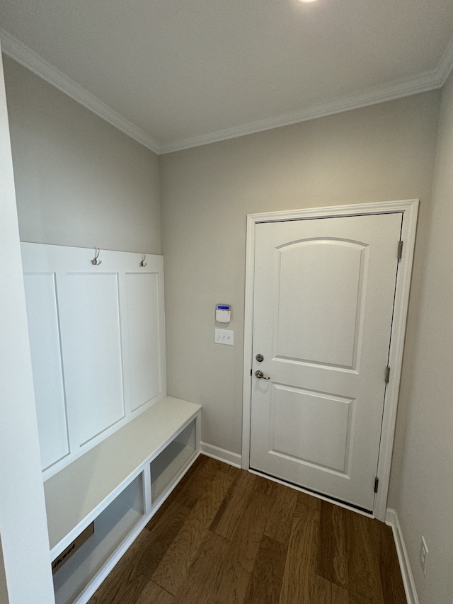 mudroom with crown molding and dark hardwood / wood-style flooring