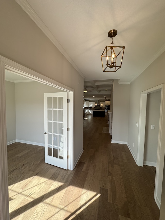 hall with crown molding, an inviting chandelier, and dark hardwood / wood-style floors