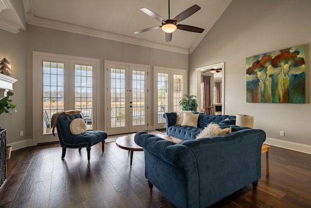 living room with crown molding, ceiling fan, high vaulted ceiling, and dark hardwood / wood-style flooring