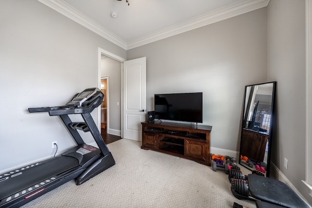 workout area featuring carpet floors and ornamental molding