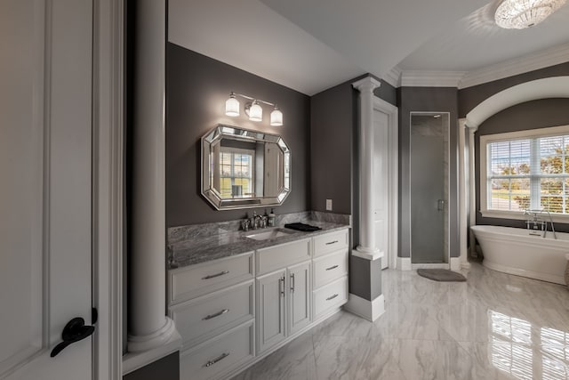 bathroom with ornate columns, tile flooring, shower with separate bathtub, and vanity with extensive cabinet space