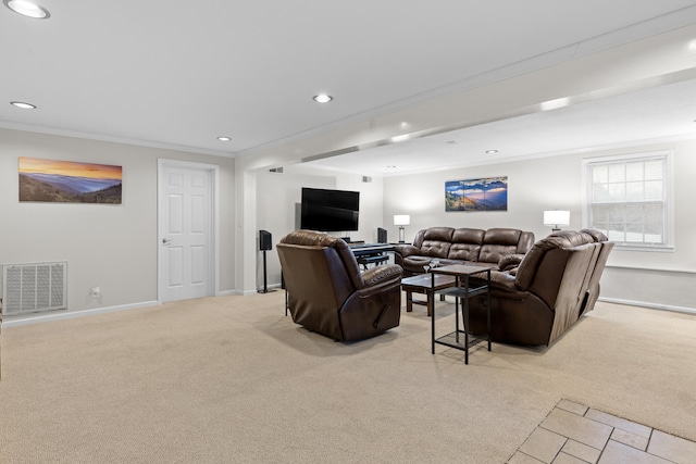 living room featuring light carpet and crown molding