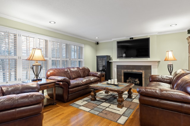 living room with light hardwood / wood-style floors, crown molding, and a fireplace