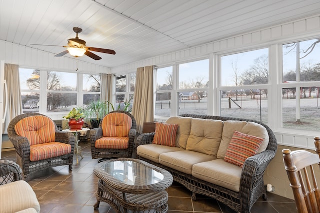 sunroom featuring wooden ceiling, ceiling fan, and plenty of natural light