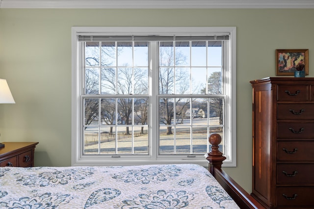 bedroom featuring ornamental molding, multiple windows, and hardwood / wood-style floors