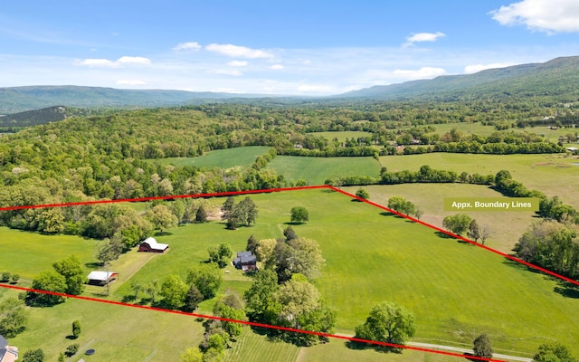 aerial view featuring a mountain view and a rural view