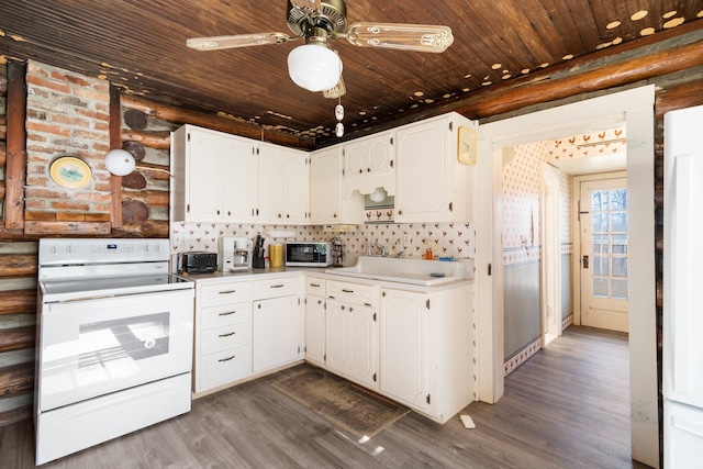 kitchen with log walls, white electric range oven, wooden ceiling, and dark wood-type flooring