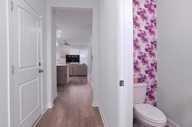 bathroom featuring toilet, vanity, and wood-type flooring