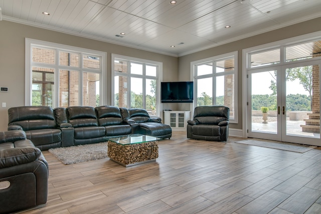 living room featuring ornamental molding, light hardwood / wood-style floors, and french doors