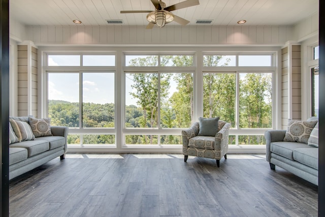 sunroom / solarium featuring ceiling fan and wooden ceiling