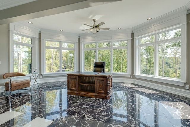 interior space with ceiling fan and crown molding