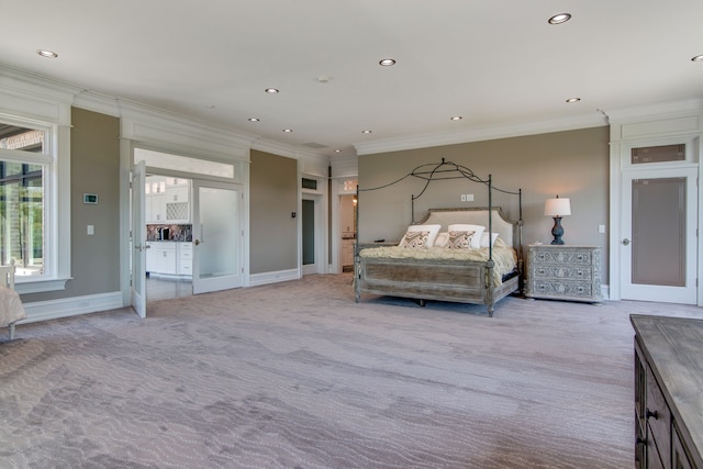 unfurnished bedroom with crown molding and light colored carpet