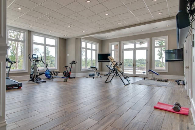 gym with a paneled ceiling, light hardwood / wood-style floors, and plenty of natural light