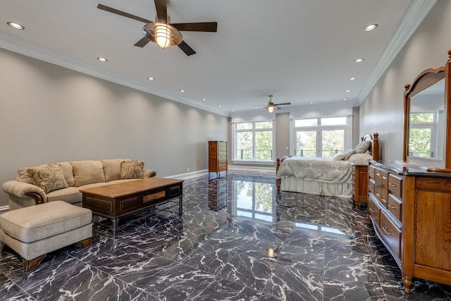 tiled living room featuring ceiling fan and crown molding