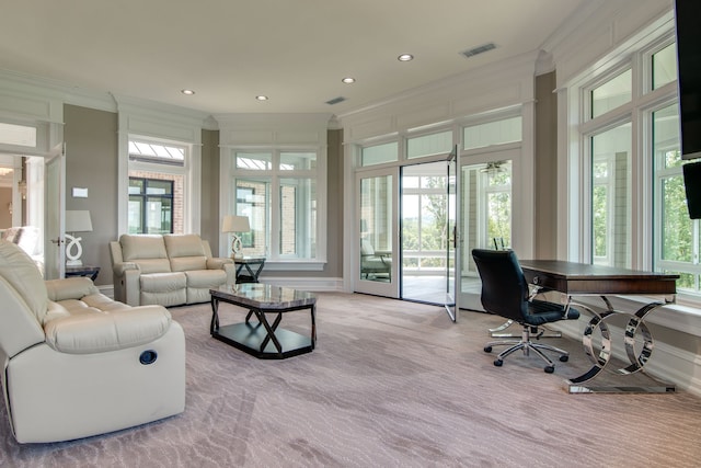 carpeted office with ornamental molding