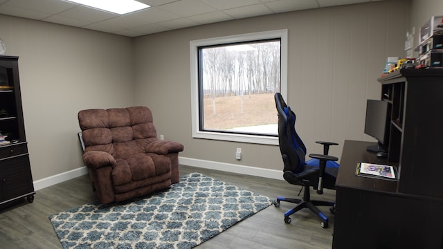 home office with a drop ceiling and wood-type flooring