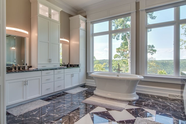 bathroom with a bath, ornamental molding, tile flooring, and dual bowl vanity