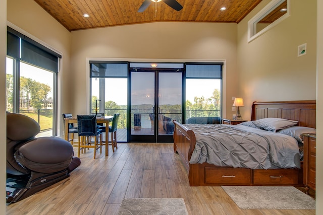 bedroom featuring wood ceiling, multiple windows, and light hardwood / wood-style floors