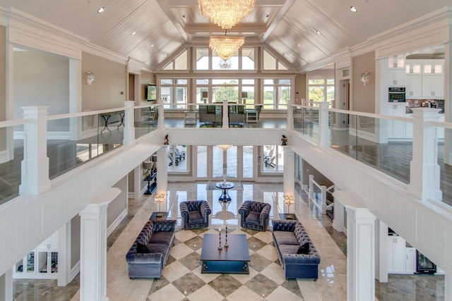 interior space featuring wood ceiling and a chandelier