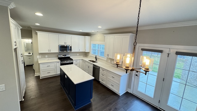 kitchen with white cabinetry, crown molding, dark hardwood / wood-style flooring, and stainless steel appliances