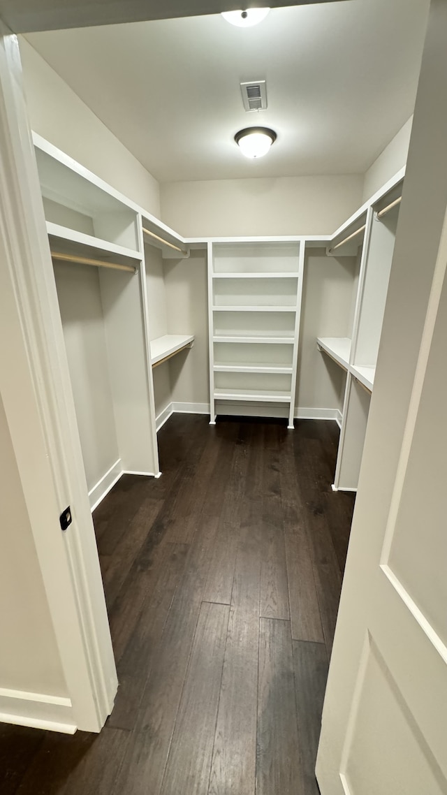 spacious closet with dark hardwood / wood-style flooring