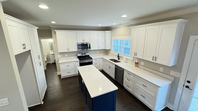 kitchen featuring white cabinetry, dark hardwood / wood-style floors, and stainless steel appliances