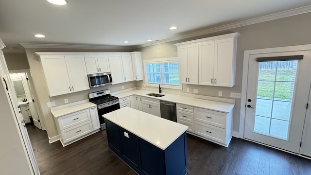 kitchen with dark hardwood / wood-style floors, white cabinets, and appliances with stainless steel finishes