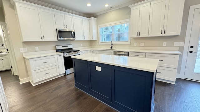 kitchen featuring white cabinets, dark wood-type flooring, and stainless steel appliances