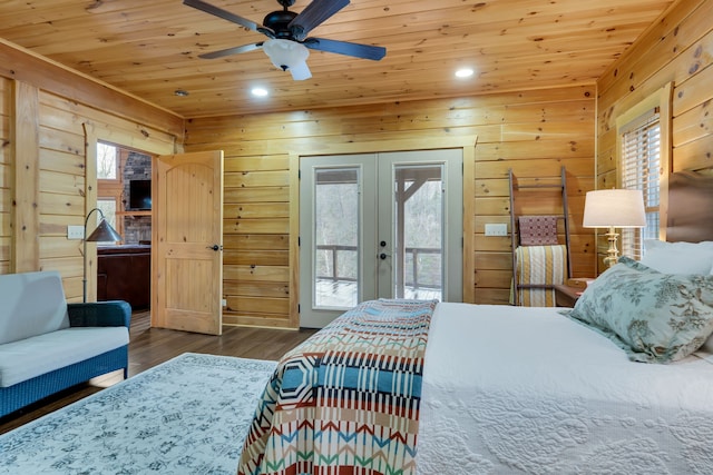 bedroom with dark hardwood / wood-style floors, french doors, ceiling fan, wooden ceiling, and wood walls