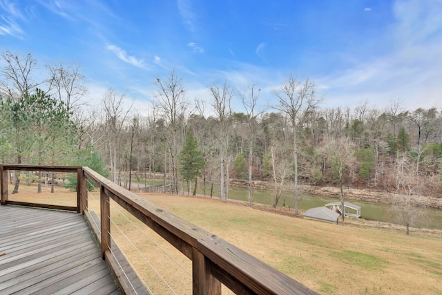 wooden terrace featuring a water view