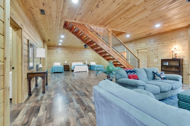 living room featuring wooden ceiling, dark hardwood / wood-style floors, and wooden walls