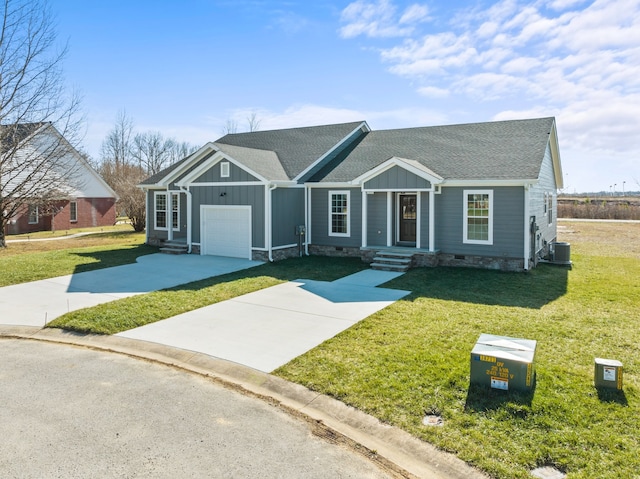 single story home featuring a front lawn and central air condition unit