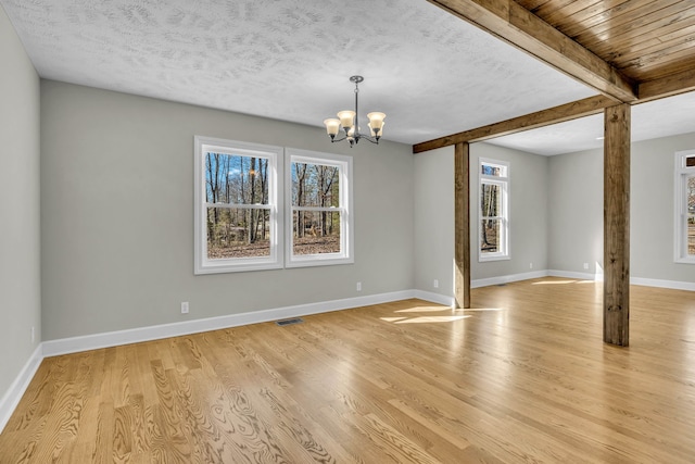 unfurnished room featuring light hardwood / wood-style floors, beam ceiling, a chandelier, and a textured ceiling